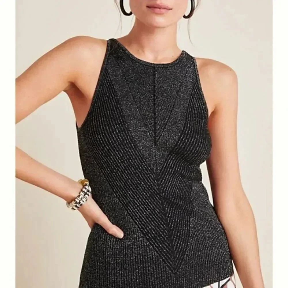 Anthropologie Gemma Sparkle Ribbed High Neck Tank
